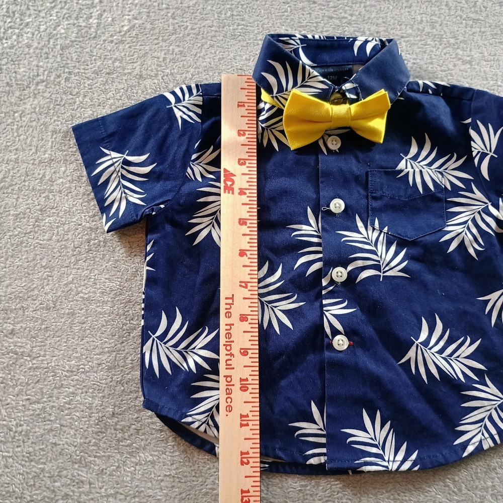 Tommy Hilfiger Boys Palm Leaf Button Down Navy 12M Yellow Bow Tie - Picture 3 of 7